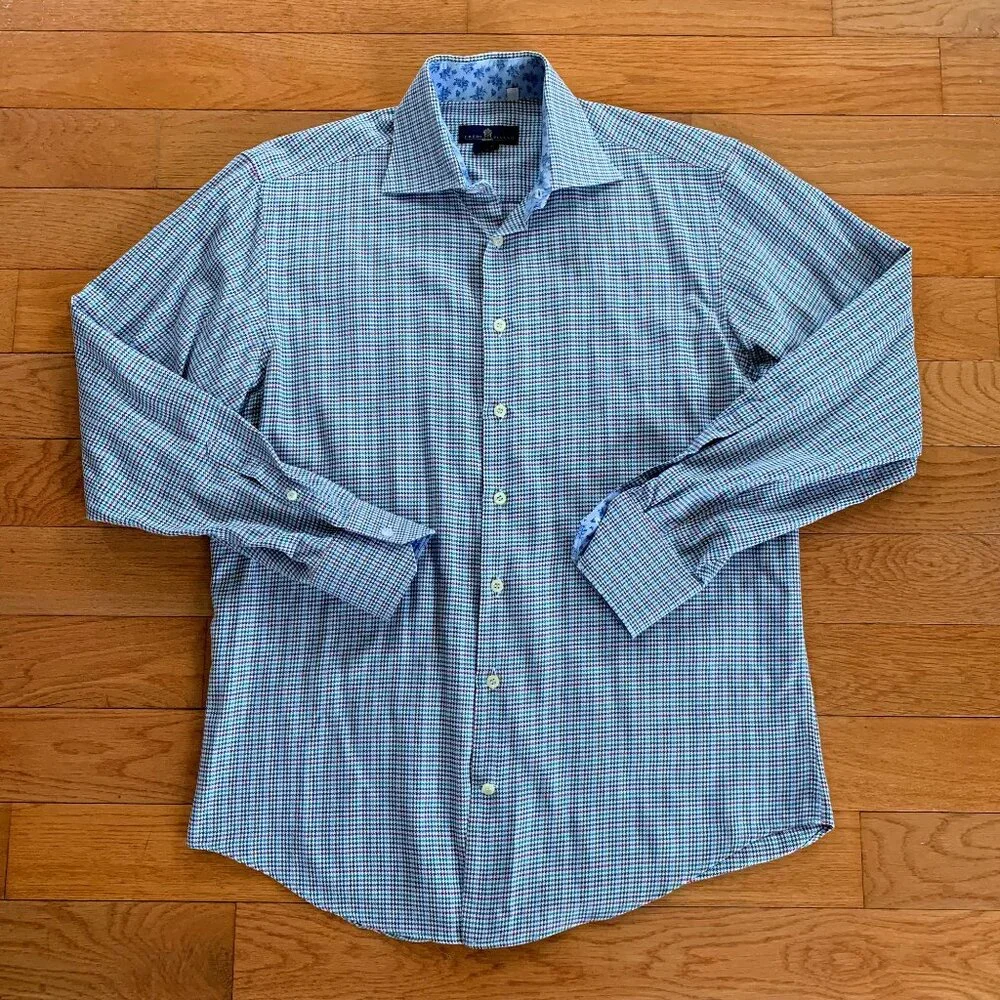 Eredi Pisano Shirt Mens 16.5 42 Houndstooth Floral Button‎ Up Italy Multicolor